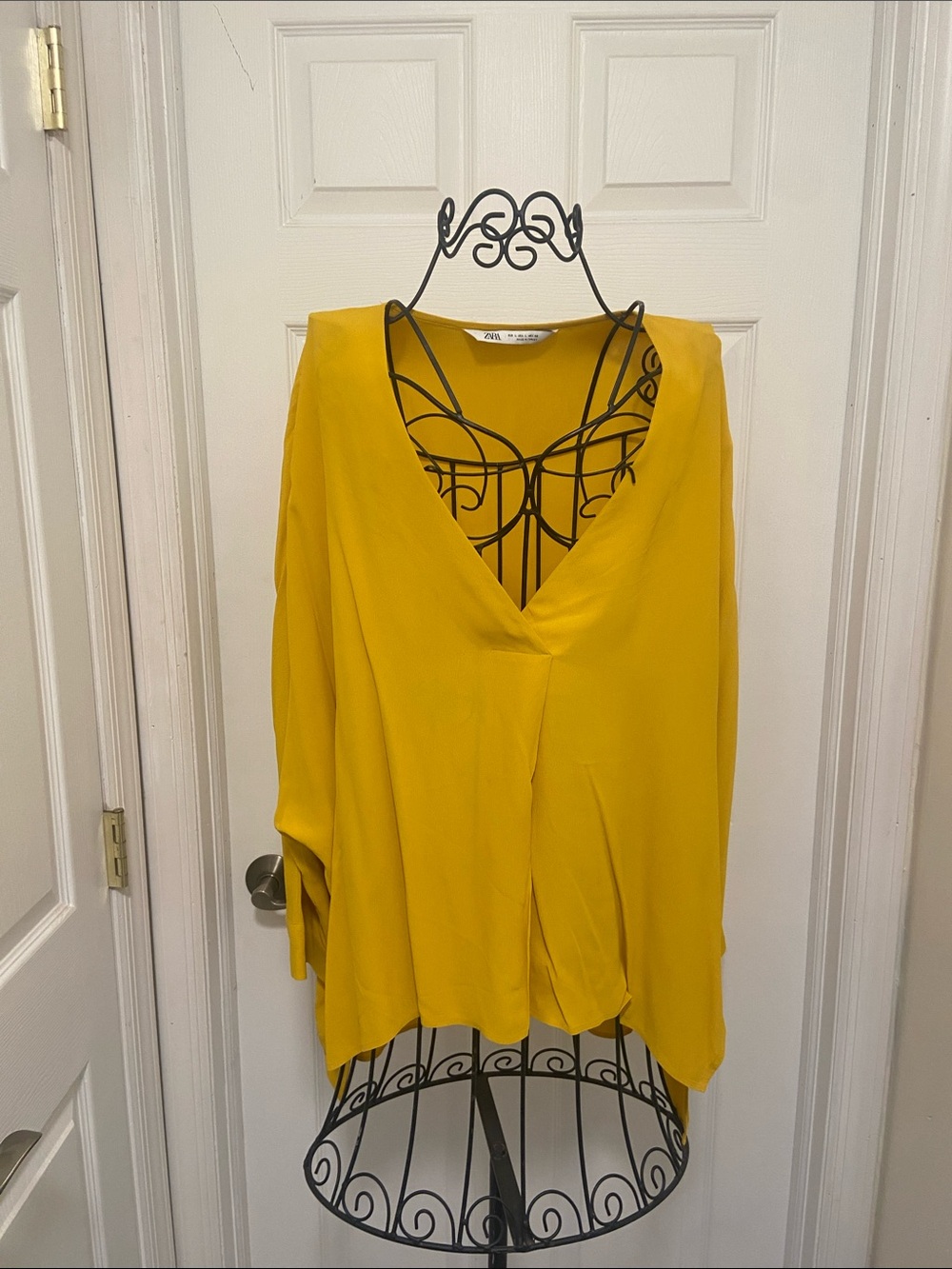 Zara Yellow V-Neck Draped Long-Sleeve Blouse